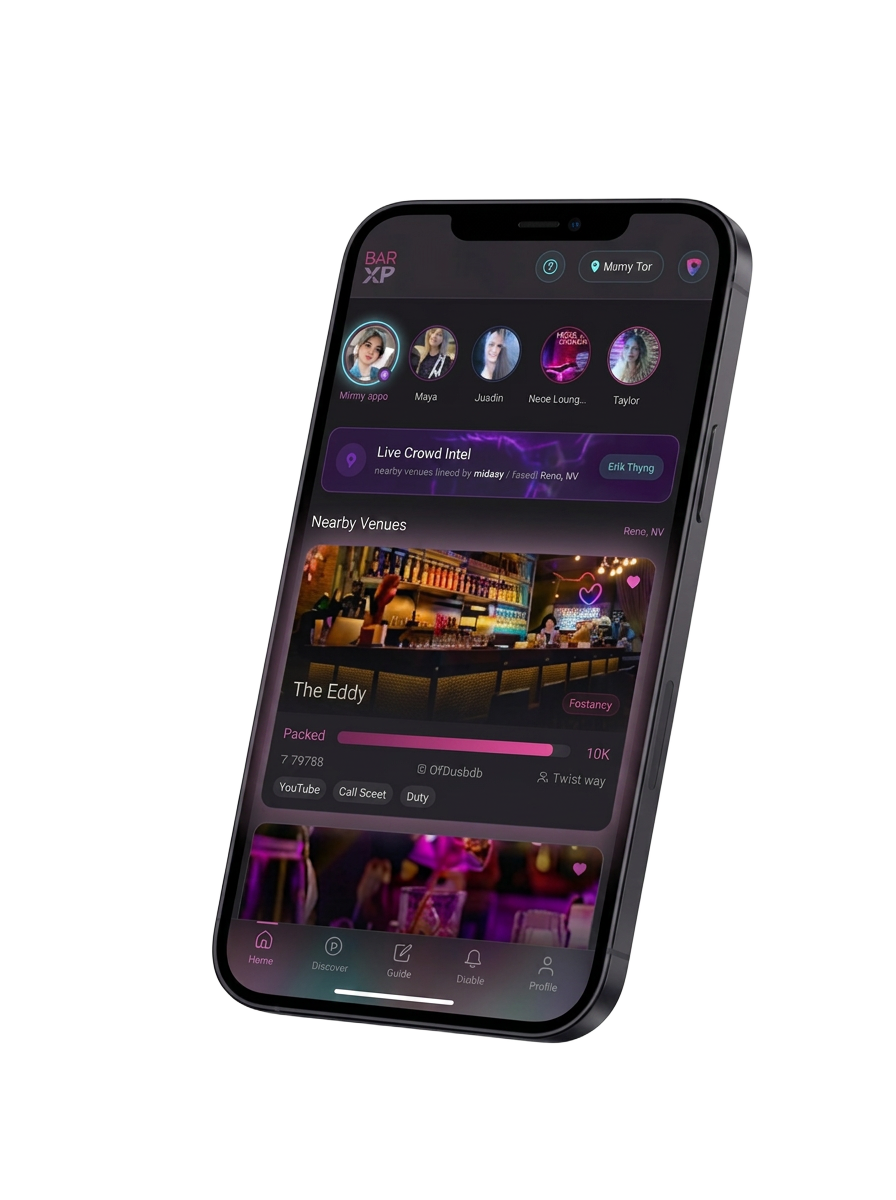 BarXP mobile app concept showing nearby venues, live crowd intel, and a featured bar called The Eddy